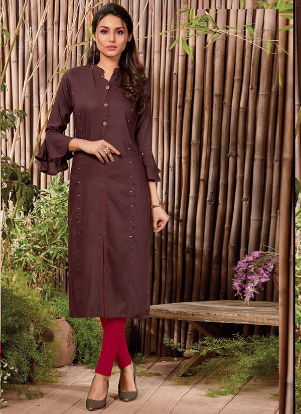Brown Rayon Hand Woven Long Kurtis