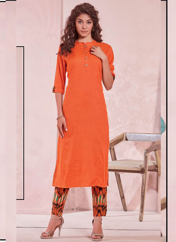 Dark Orange Rayon Plain Kurtas And Kurtis