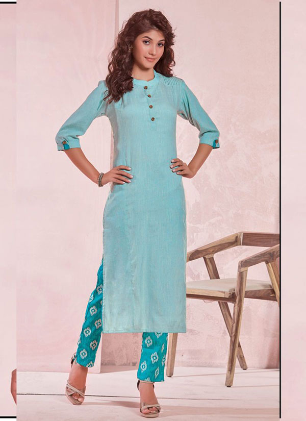 Sky Blue Rayon Plain Kurtas And Kurtis