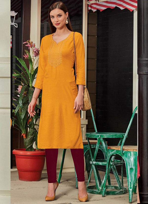 Yellow Rayon Embroidered Long Kurtis