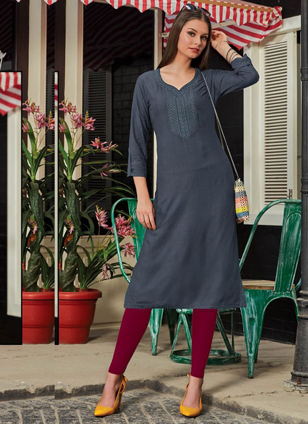 Grey Rayon Embroidered Long Kurtis