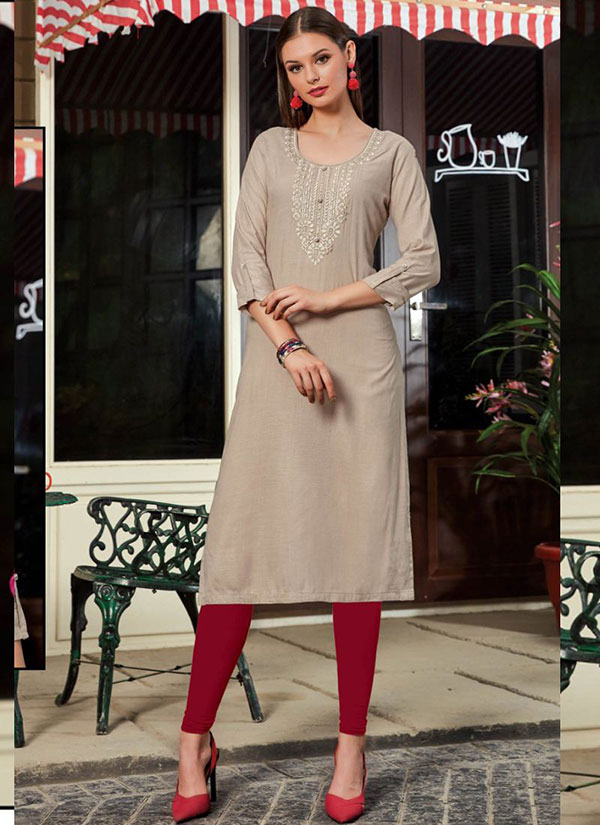 Beige Rayon Embroidered Long Kurtis