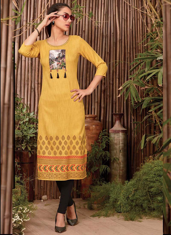 Yellow Rayon Printed Long Kurtis