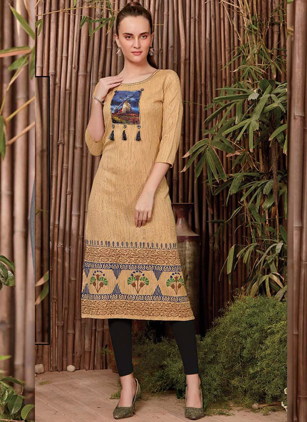 Light Yellow Rayon Printed Long Kurtis