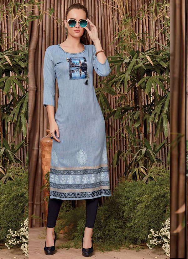 Aqua Blue Rayon Printed Long Kurtis
