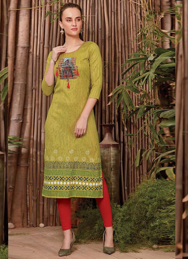 Olive Rayon Printed Long Kurtis