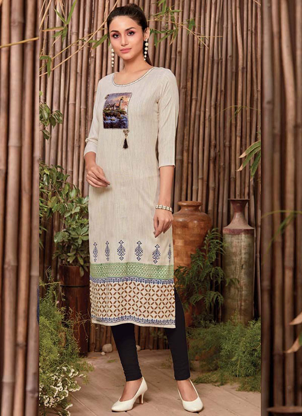 Off White Rayon Printed Long Kurtis