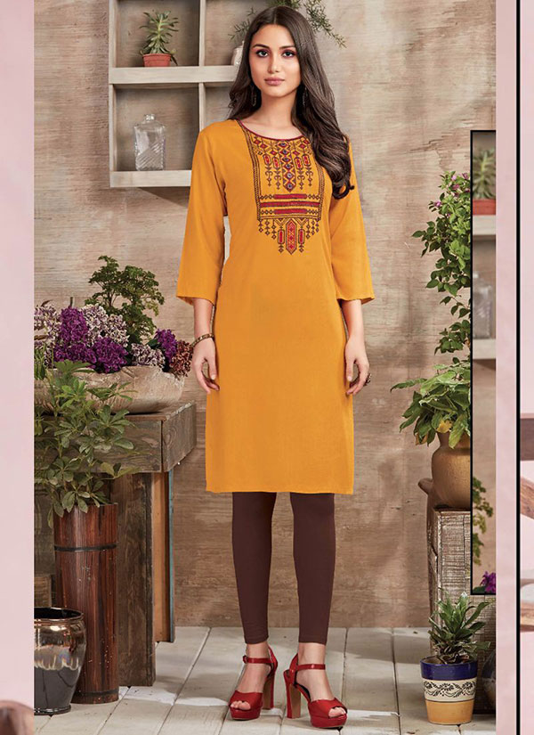 Yellow Rayon Embroidered Long Kurtis