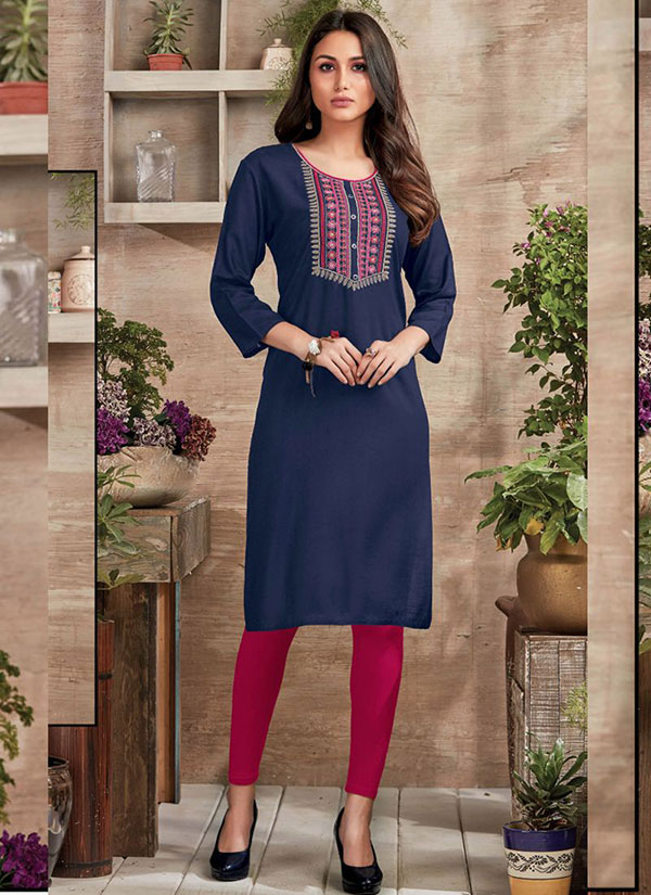 Blue Rayon Embroidered Long Kurtis