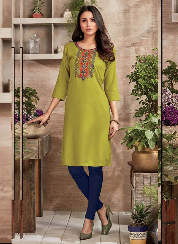 Olive Rayon Embroidered Long Kurtis