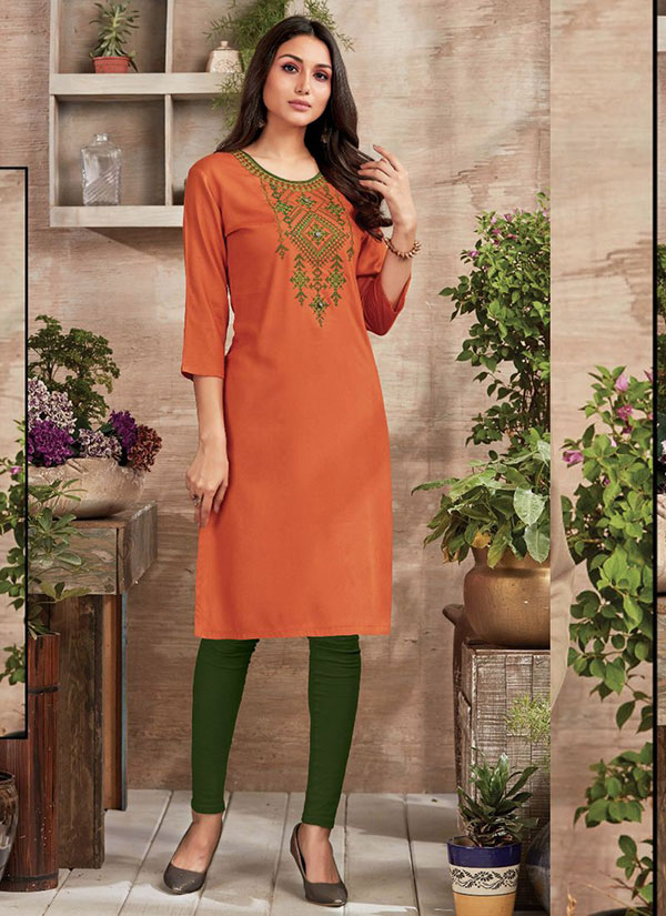 Orange Rayon Embroidered Long Kurtis
