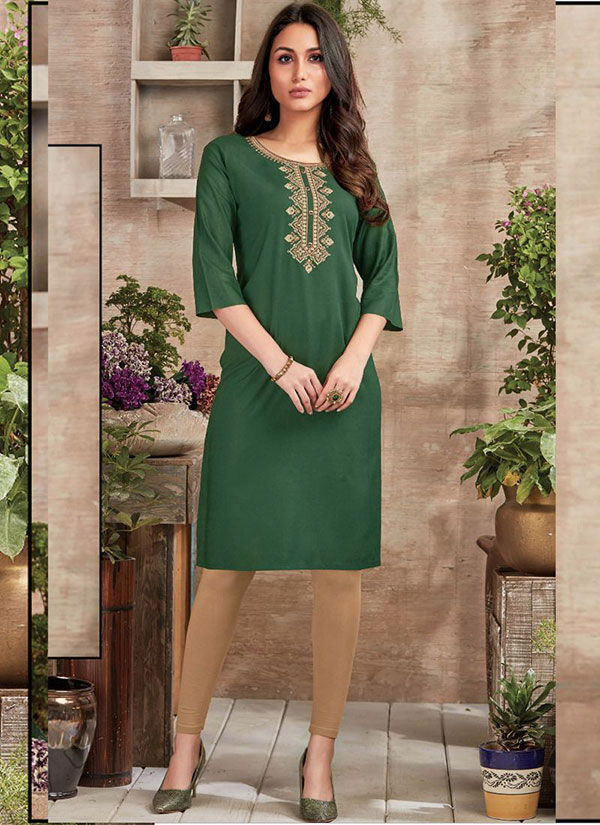 Dark Green Rayon Embroidered Long Kurtis