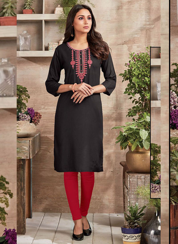 Black Rayon Embroidered Long Kurtis