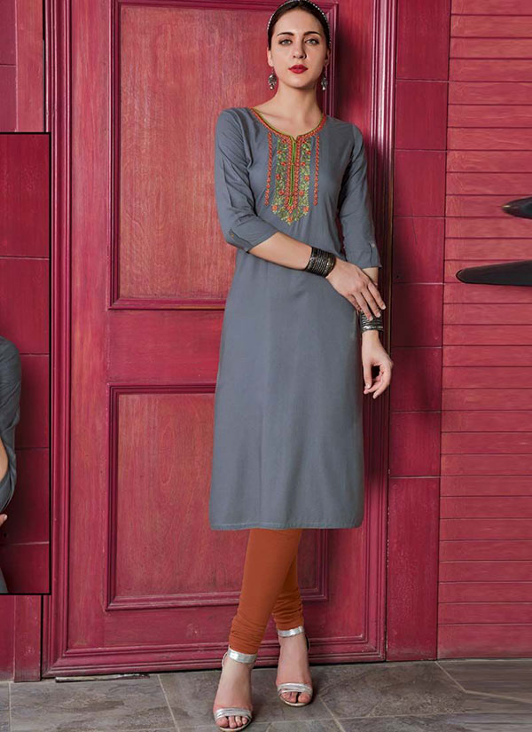 Grey Rayon Embroidered Long Kurtis