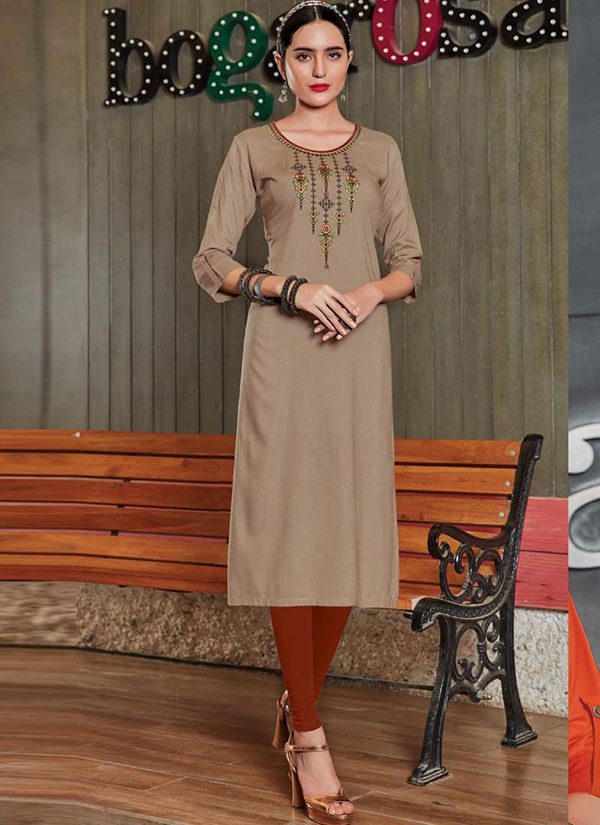 Beige Rayon Embroidered Long Kurtis