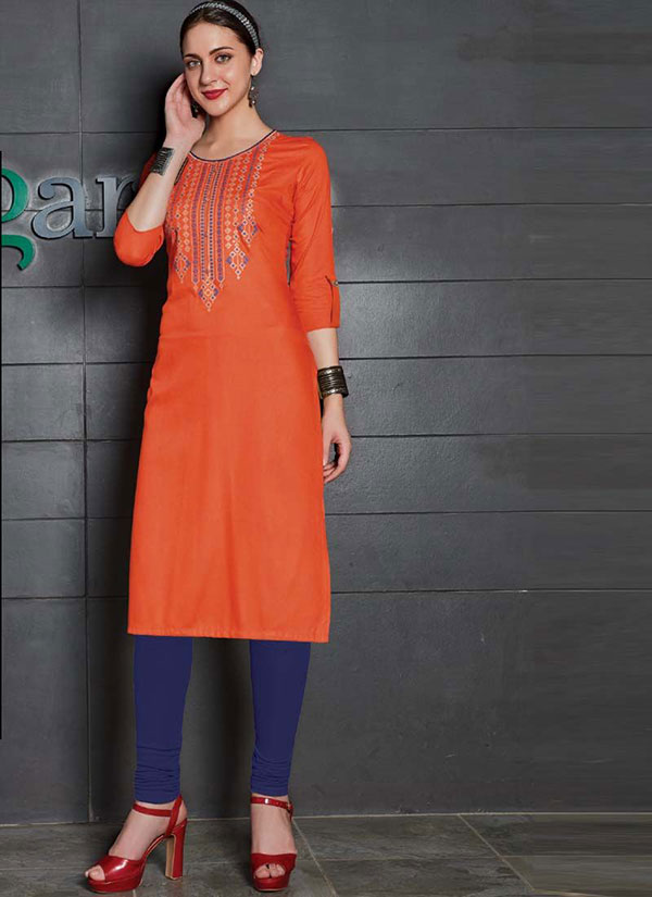 Orange Rayon Embroidered Long Kurtis