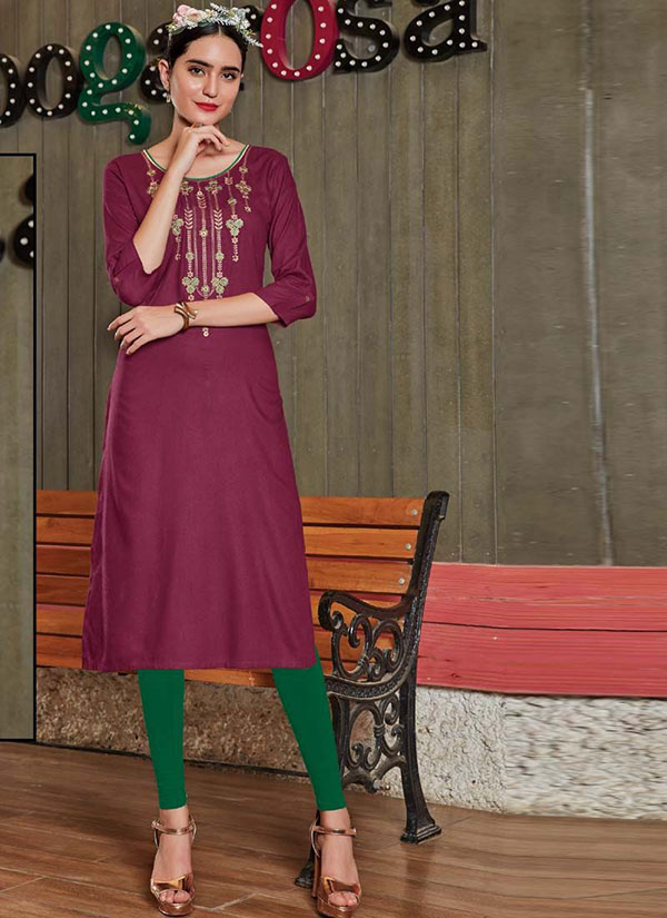 Maroon Rayon Embroidered Long Kurtis