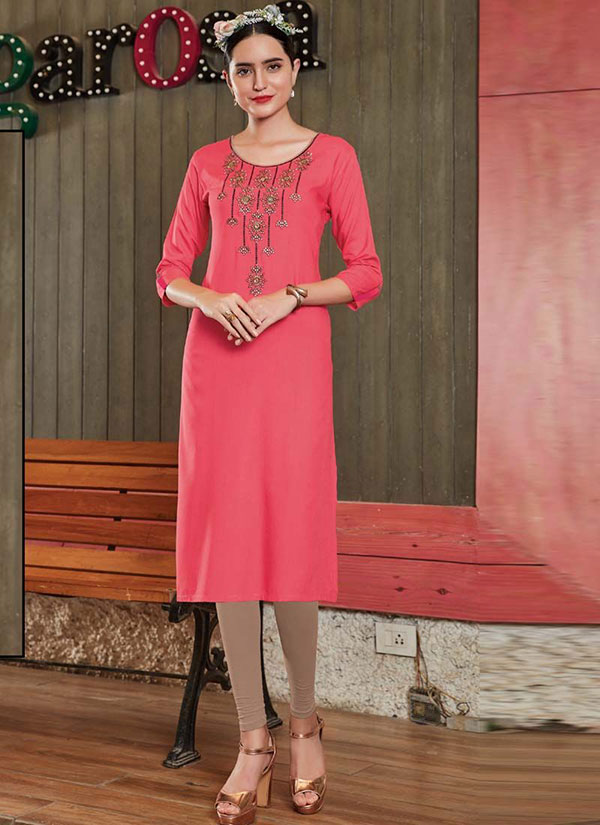 Dark Pink Rayon Embroidered Long Kurtis
