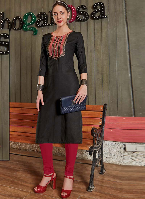 Black Rayon Embroidered Long Kurtis