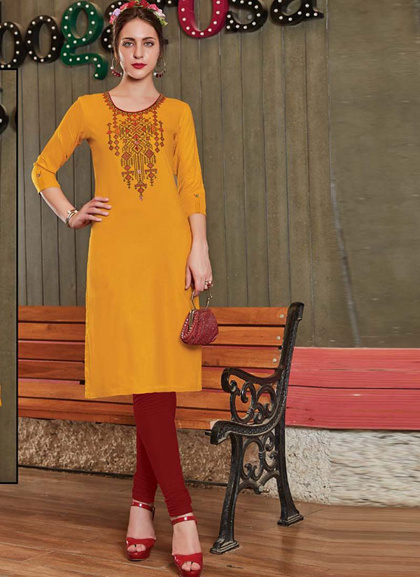 Yellow Rayon Embroidered Long Kurtis