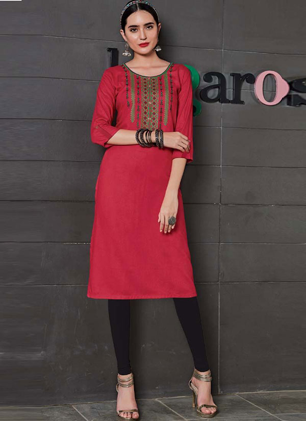Red Rayon Embroidered Long Kurtis