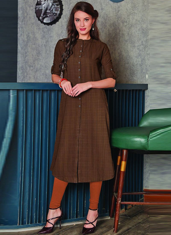 Dark Beige Georgette Plain Long Kurtis