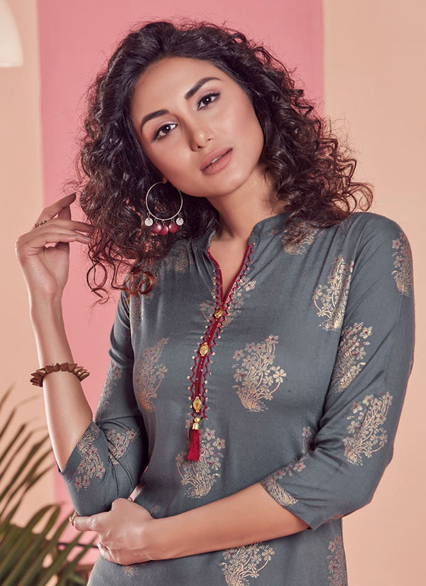Grey Rayon Printed Kurtas And Kurtis