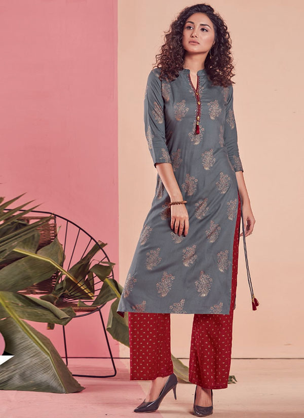 Grey Rayon Printed Kurtas And Kurtis