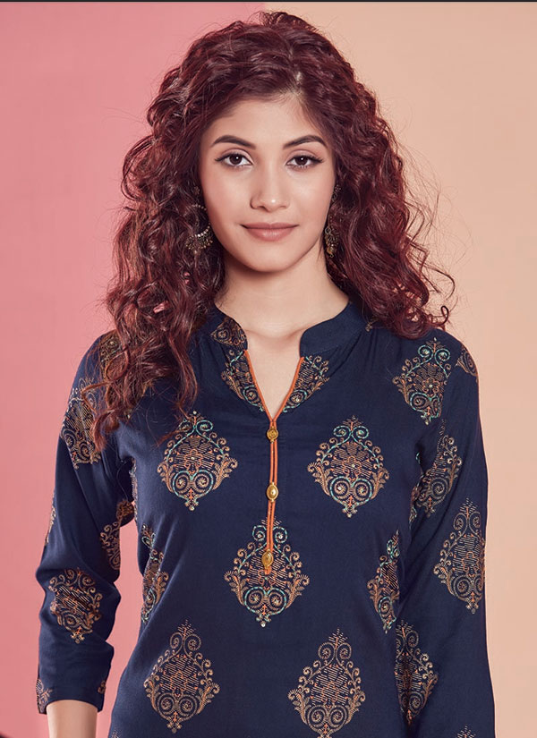 Navy Blue Rayon Printed Kurtas And Kurtis