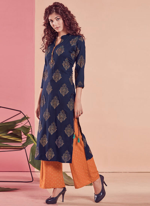 Navy Blue Rayon Printed Kurtas And Kurtis