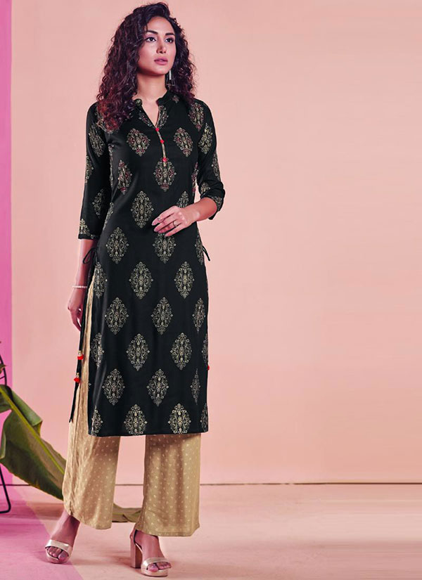Black Rayon Printed Kurtas And Kurtis