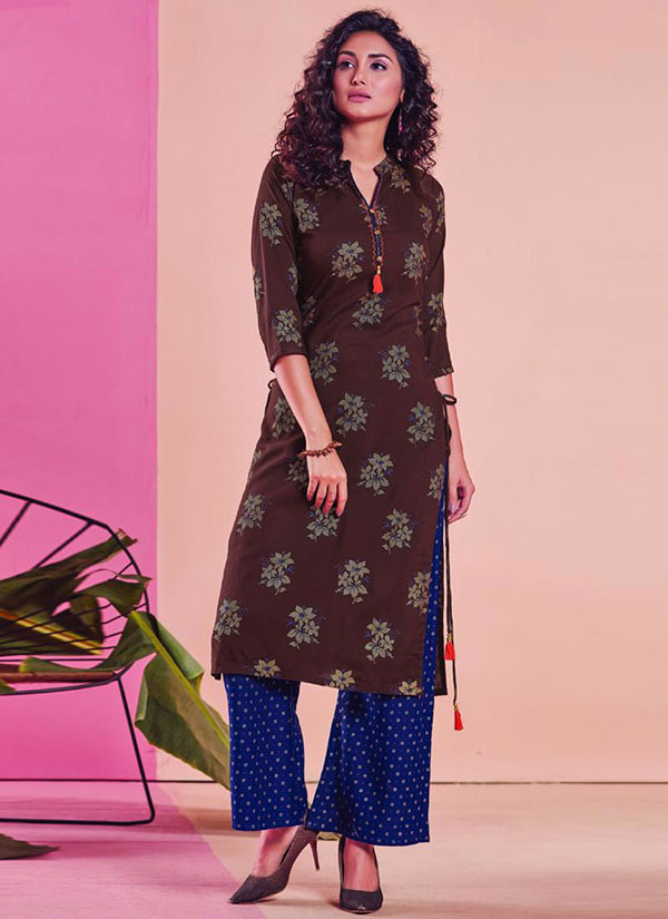 Brown Rayon Printed Kurtas And Kurtis