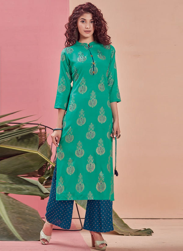 Turquoise Rayon Printed Kurtas And Kurtis