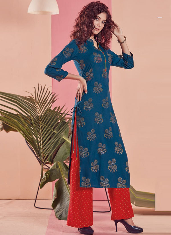 Navy Blue Rayon Printed Kurtas And Kurtis