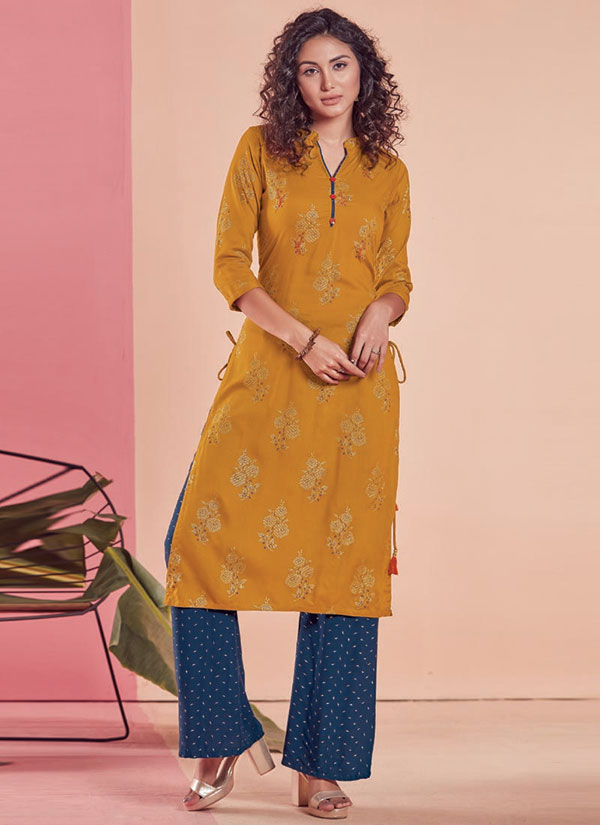 Mustard Rayon Printed Kurtas And Kurtis