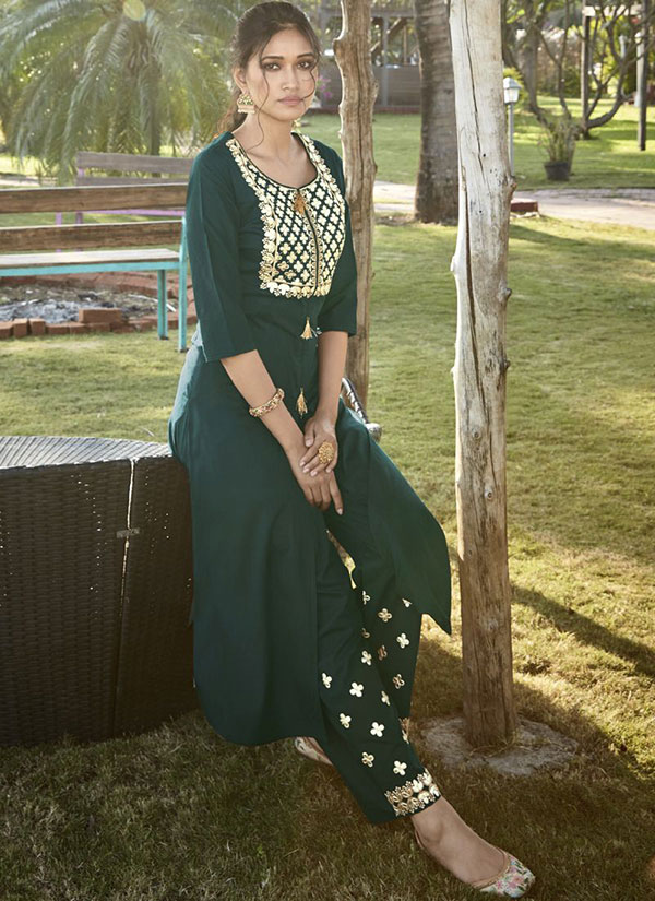 Dark Green Cotton Silk Palazzo Kurta Set