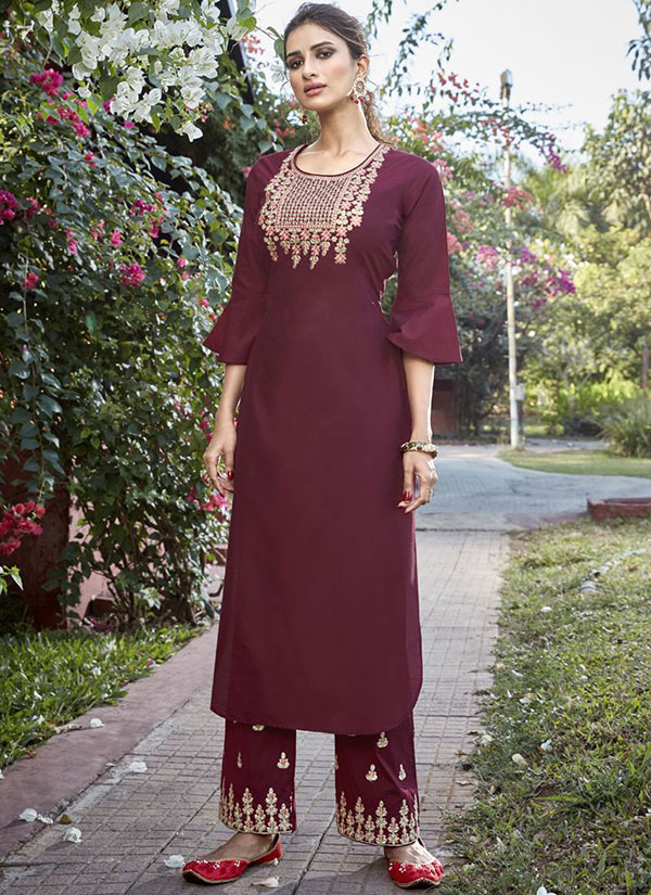 Dark Maroon Cotton Silk Palazzo Kurta Set