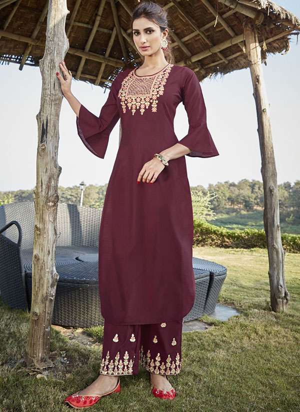Dark Maroon Cotton Silk Palazzo Kurta Set