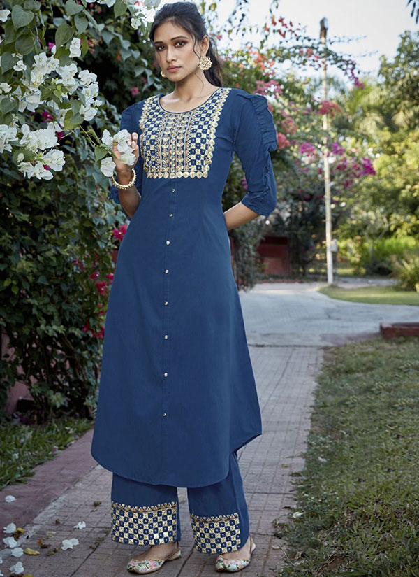 Blue Cotton Silk Palazzo Kurta Set