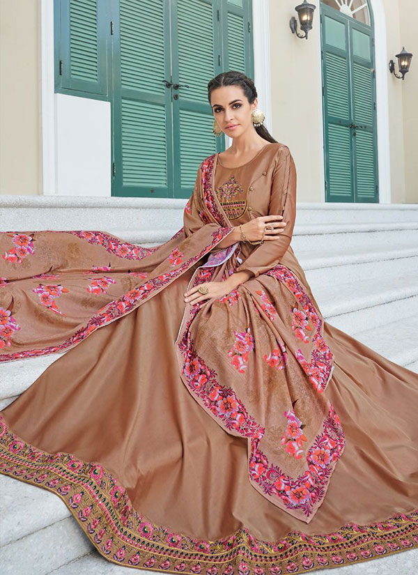 Light Brown Silk Blend Anarkali Salwar Kameez