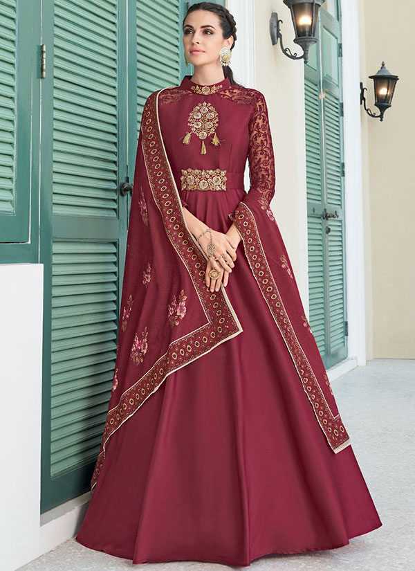 Maroon Silk Blend Anarkali Salwar Kameez