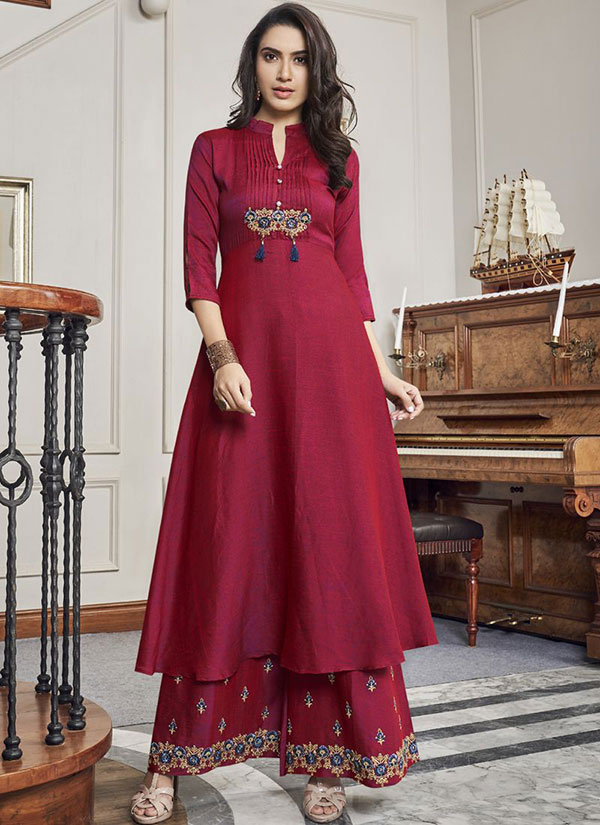 Blood Red Silk Blend Palazzo Kurta Set