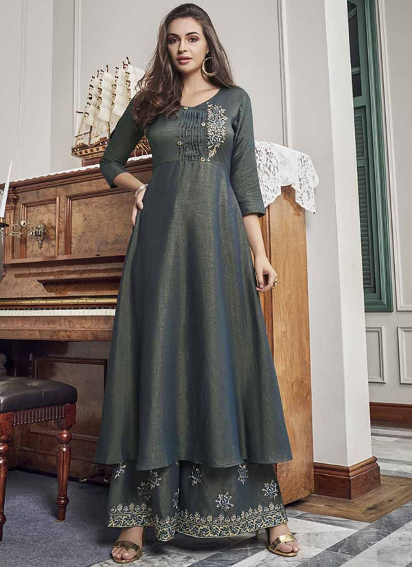 Dark Grey Silk Blend Palazzo Kurta Set