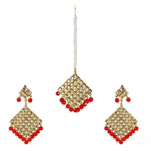 Red Necklace Set with Earrings & Mang Tika for Women