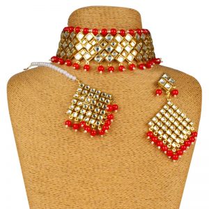 Red Necklace Set with Earrings & Mang Tika for Women