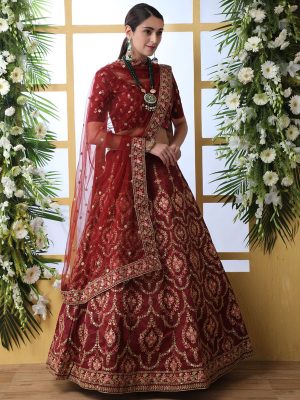 Maroon Designer Art Silk Thread And Jari With Sequence Embroidered Work Guldasta Lehenga Choli