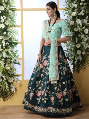 Dark Green Designer Art Silk Thread And Jari With Sequence Embroidered Work Guldasta Lehenga Choli