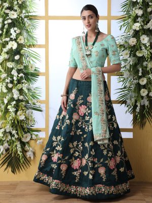 Dark Green Designer Art Silk Thread And Jari With Sequence Embroidered Work Guldasta Lehenga Choli