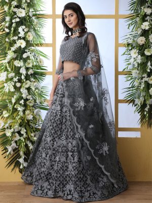 Grey Bridal Thread Embroidered With Stone Pasting Wedding & Party Wear Lehenga Choli