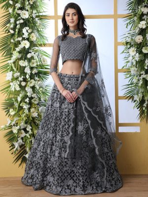 Grey Bridal Thread Embroidered With Stone Pasting Wedding & Party Wear Lehenga Choli